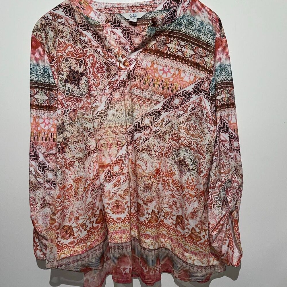 Croft & Barrow Women's Multicolor Split Neck Roll Up Sleeve Blouse Size XXL